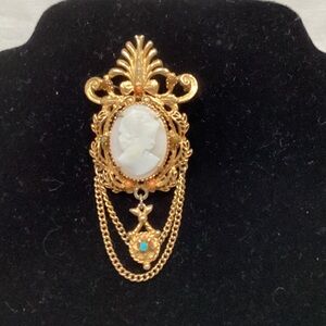 Vintage Gold Cameo Brooch with Chains